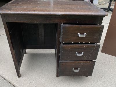 Small Children’s Size Vintage Solid Wood Desk with 3 Drawers - Dark Finish, Great Restoration Project