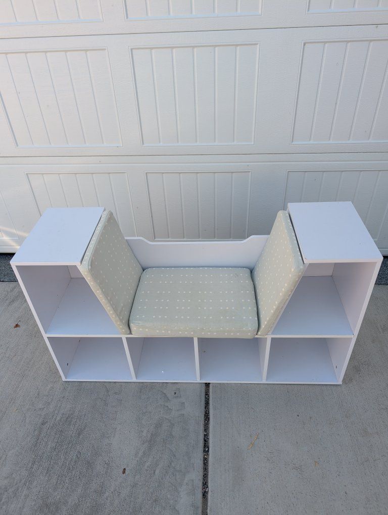 Kids White Wood Storage Bench with Cushioned Seating and Cubbies