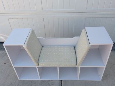 Kids White Wood Storage Bench with Cushioned Seating and Cubbies