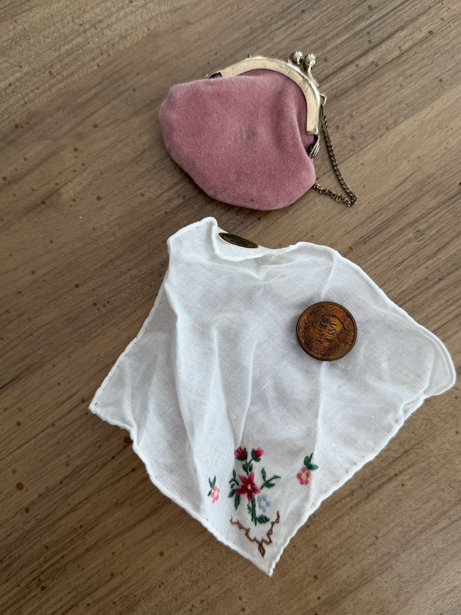 American girl Samantha doll purse, hanky, and penny.