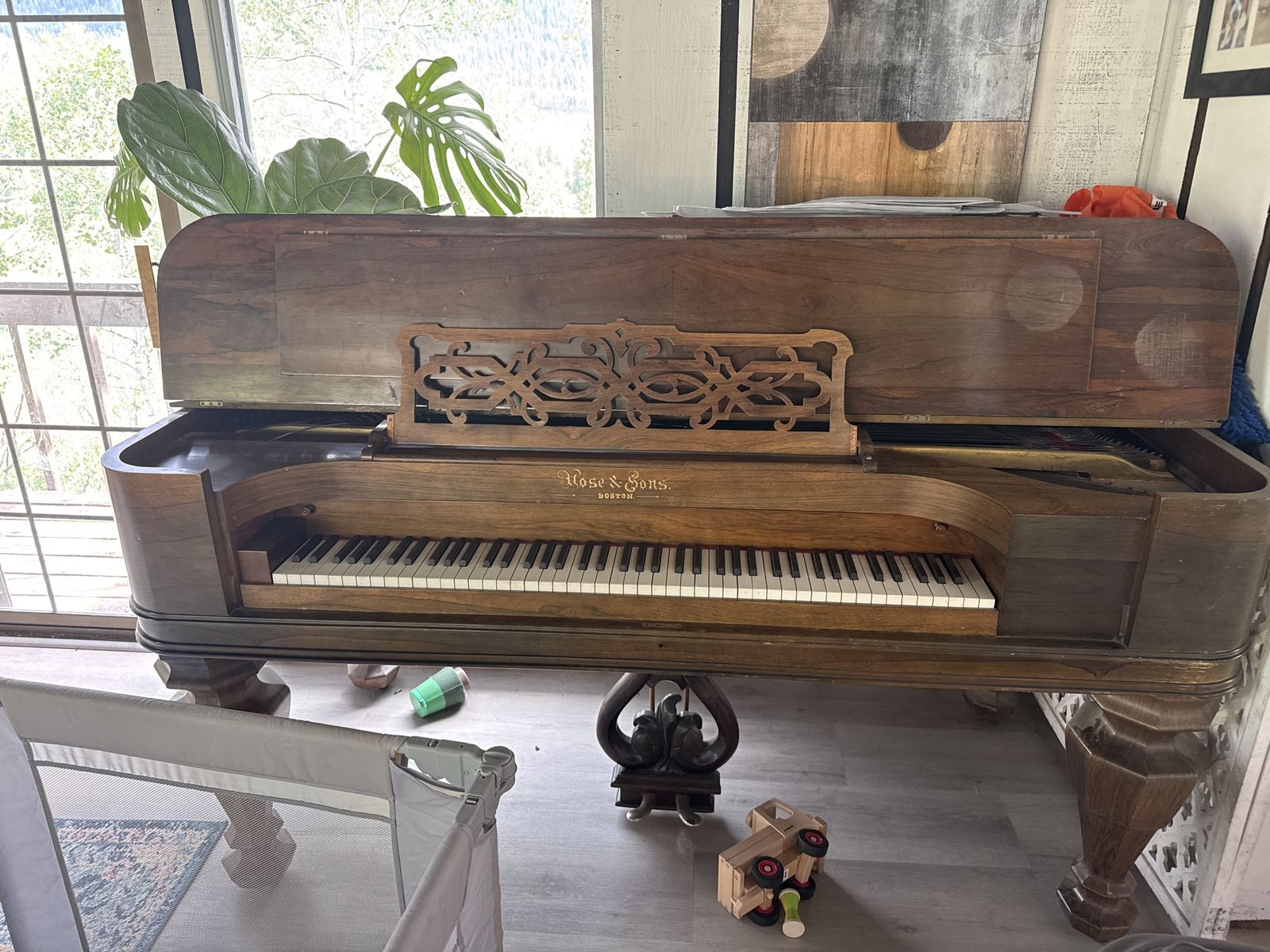 Vintage Rose & Sons Boston Baby Square Grand Piano - Ornate Wood Carving