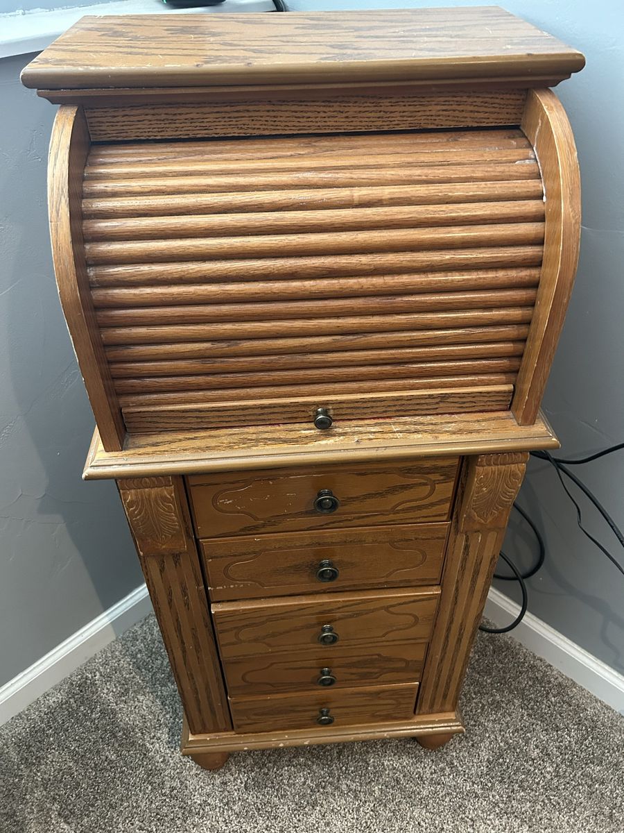 Vintage Oak Jewelry Armoir Cabinet With 9 Padded Drawers & Roll Top With Mirror
