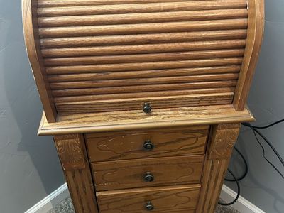 Vintage Oak Jewelry Armoir Cabinet With 9 Padded Drawers & Roll Top With Mirror