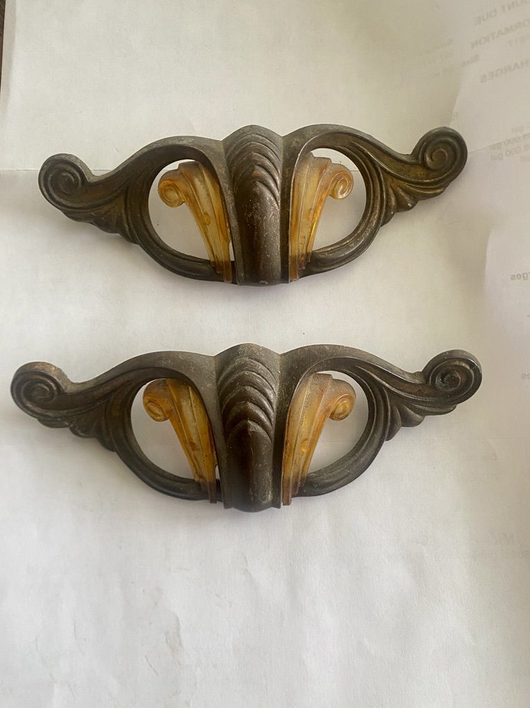 ART DECO DRAWER PULLS W BAKELITE (x2)