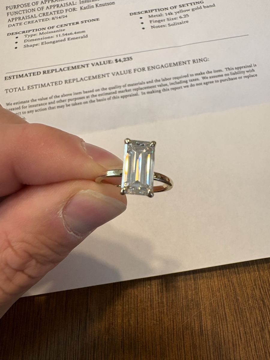 14k Yellow Gold Elongated Emerald Cut Moissanite Solitaire Engagement Ring Size 6.25