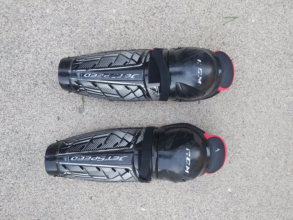 CCM JetSpeed Hockey Shin Guards - 38cm/15in, Black/Red, USED