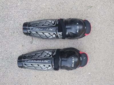 CCM JetSpeed Hockey Shin Guards - 38cm/15in, Black/Red, USED