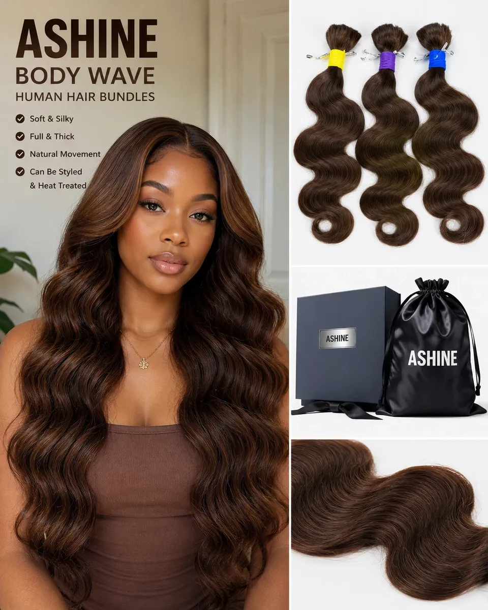 ASHINE Human Hair Bundles Body Wave Brown Weave Extensions w/ Bag Box