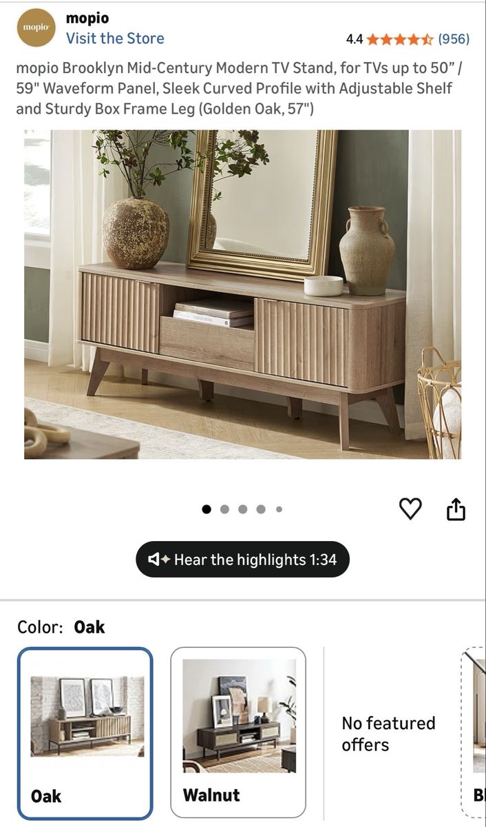Mid-Century Modern TV Stand, 57” Fluted, light Oak