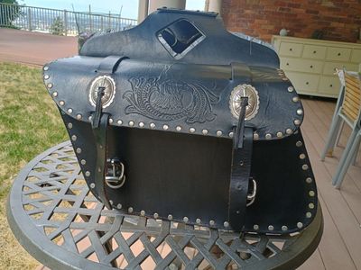Vintage Studded Black Leather Motorcycle Saddlebags - Eagle Tooling & Conchos