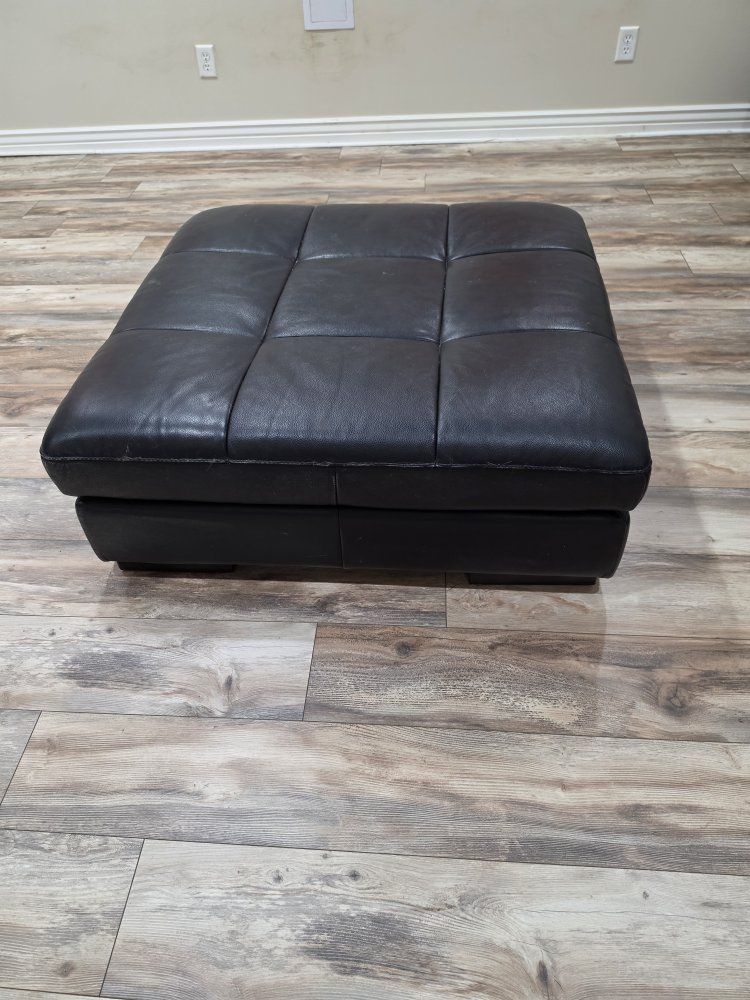 Square Black Tufted Leather Ottoman Footstool