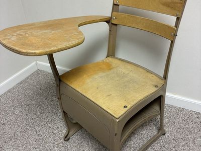 Vintage School Desk and Chair Combo with Wooden Seat and Built-in Storage