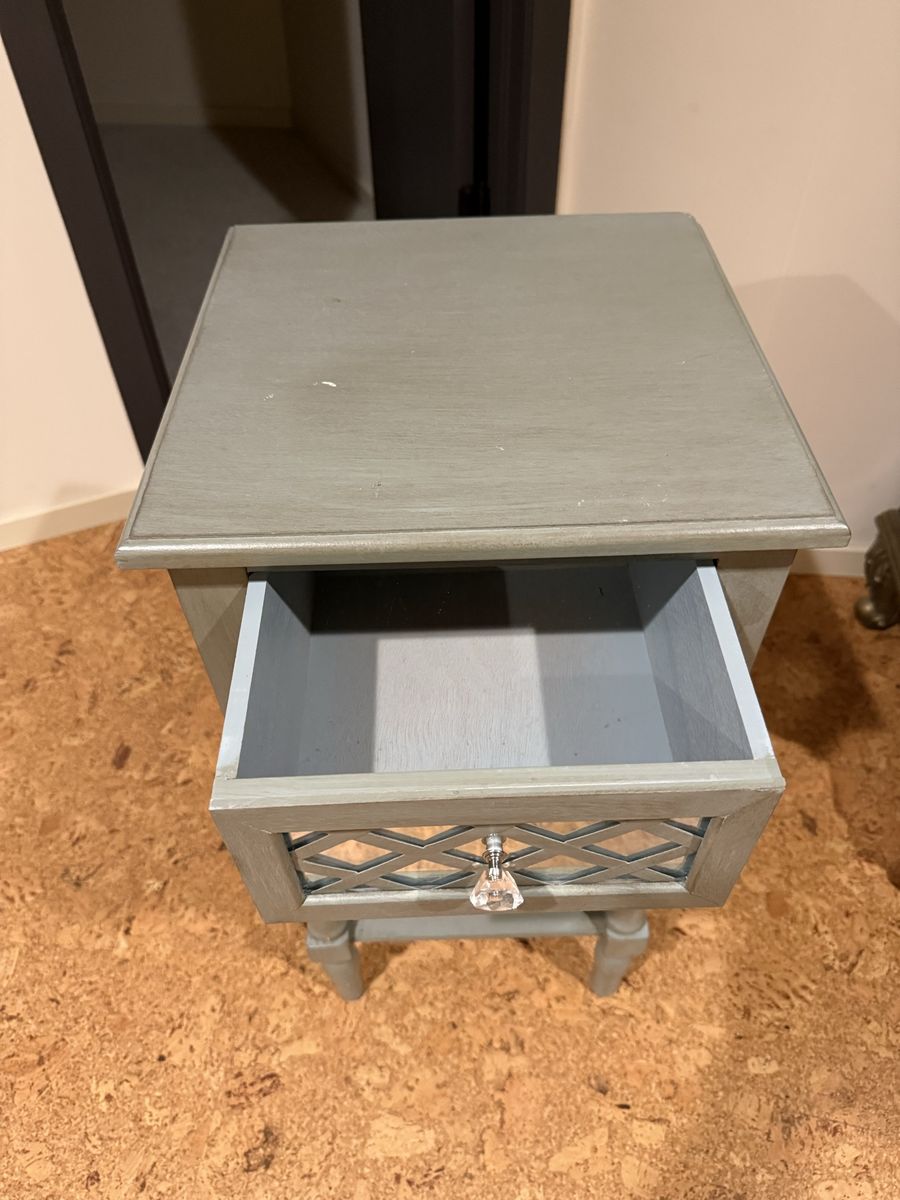 Light Blue Wood Nightstand with Mirrored Drawer Front and Lower Shelf