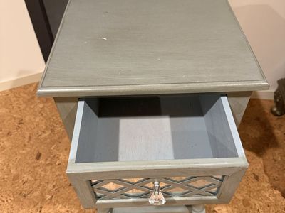 Light Blue Wood Nightstand with Mirrored Drawer Front and Lower Shelf