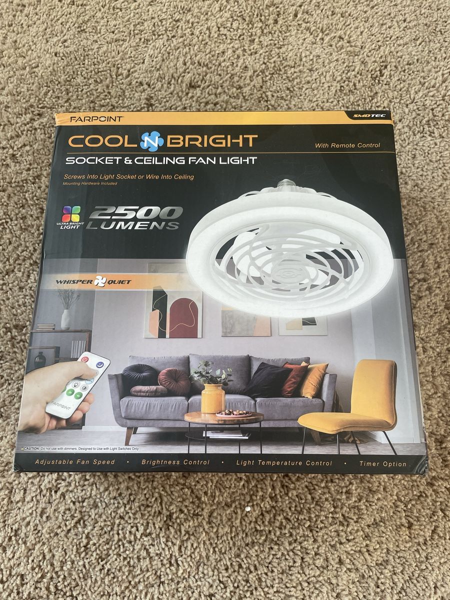 New! FARPOINT Cool N Bright Socket & Ceiling Fan Light w/ Remote Control, 2500 Lumens