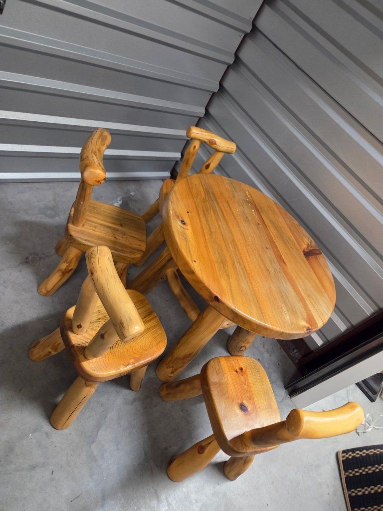 Handcrafted Rustic Kids Wood Table & 4 Chairs Set - Natural Finish, Sturdy Pine