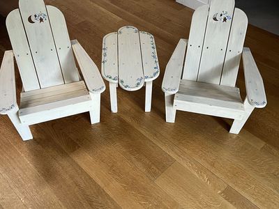 Sweet, vintage children’s outdoor furniture. 2 chairs, 1 table, hand painted, great vintage condition
