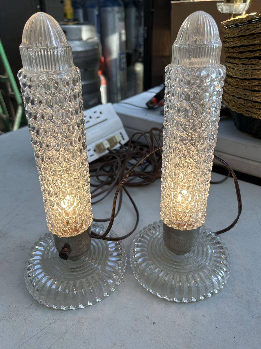 Pair of Vtg. Art Deco Bullet Torpedo Skyscraper Glass Boudoir Bedside Lamps 12" Tall