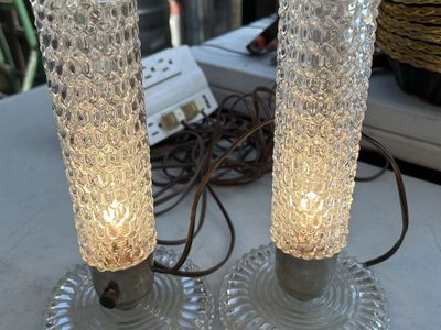 Pair of Vtg. Art Deco Bullet Torpedo Skyscraper Glass Boudoir Bedside Lamps 12" Tall