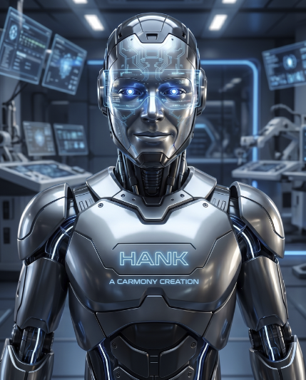 Hank: A Carmony Creation - Advanced AI Android with Integrated Circuitry and Luminous Eyes