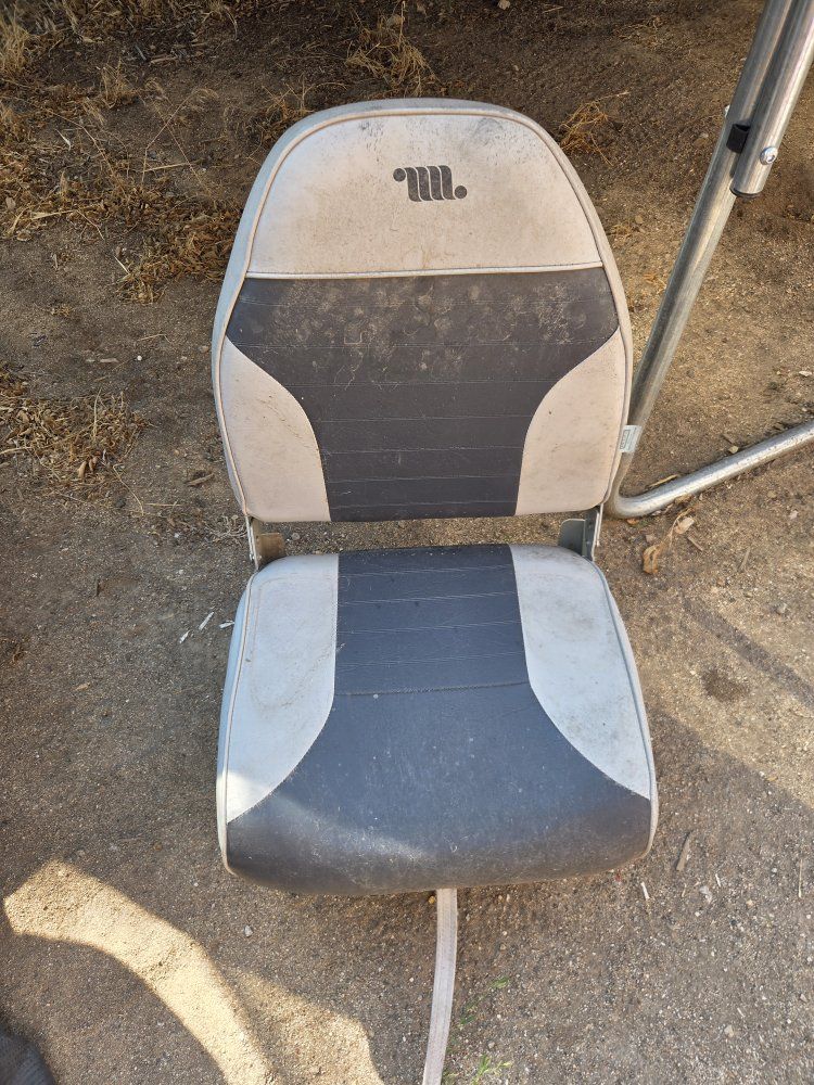 Used Folding Marine Boat Seat - Two-Tone Gray Vinyl Fishing Seat