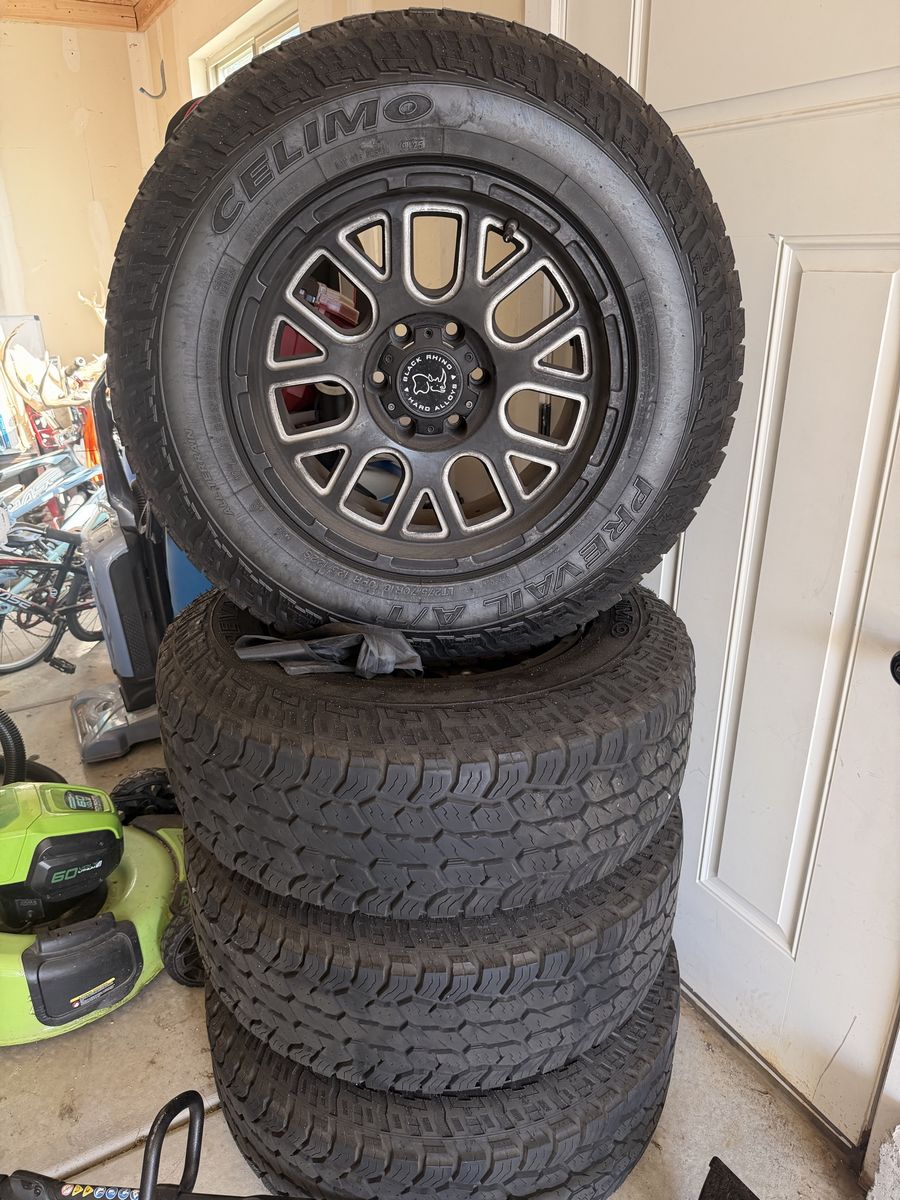 Black Rhino Wheels w/ Celimo Preval A/T Tires - 275/70/18, 6x139.7mm, -12 Offset. TACOMA