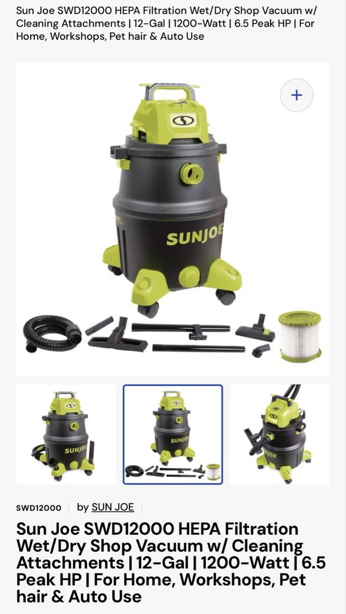 Sun Joe SWD12000 HEPA 12-Gal 1200W 6.5 HP Wet/Dry Shop Vacuum w/ Attachments
