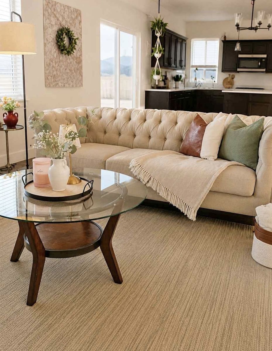 World Market Beige Chesterfield Sofa + Solid Wood Coffee Table | Excellent Condition