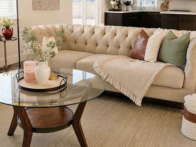 World Market Beige Chesterfield Sofa + Solid Wood Coffee Table | Excellent Condition
