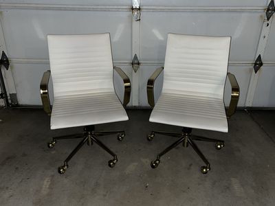 Set of White with Gold Metal Office Chairs - Adjustable and Swivels