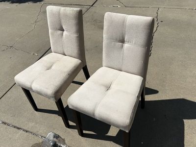 Pair of Upholstered Light Beige Dining Chairs with Dark Wood Legs