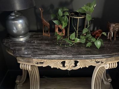 Ornate Marble-Top Pedestal Table — Hollywood Regency / French Provincial Style