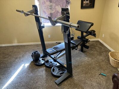 Golds Gym Pro Bench Press/Squat Rack, Weights!