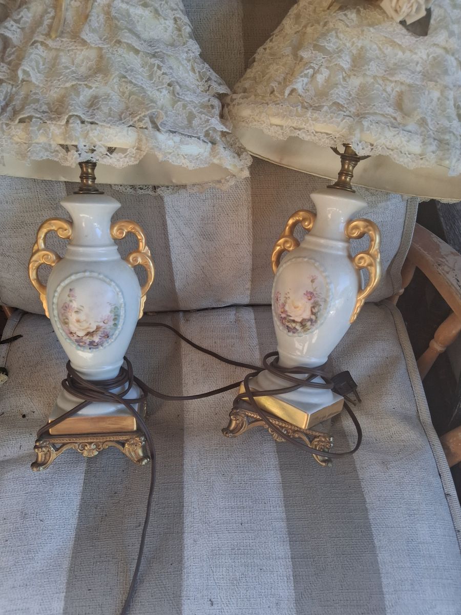 Vintage Hand-Painted Floral Porcelain Table Lamps with Lace Shades - Pair