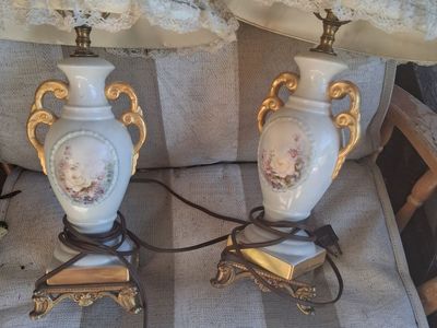 Vintage Hand-Painted Floral Porcelain Table Lamps with Lace Shades - Pair