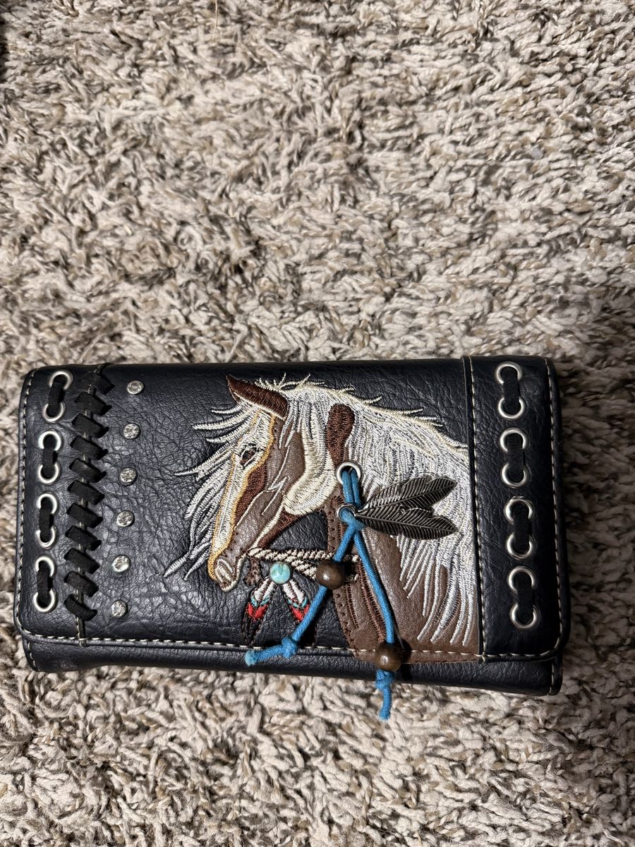 Western Embroidered Horse Trifold Wallets - Set of 2 (Black and Purple)