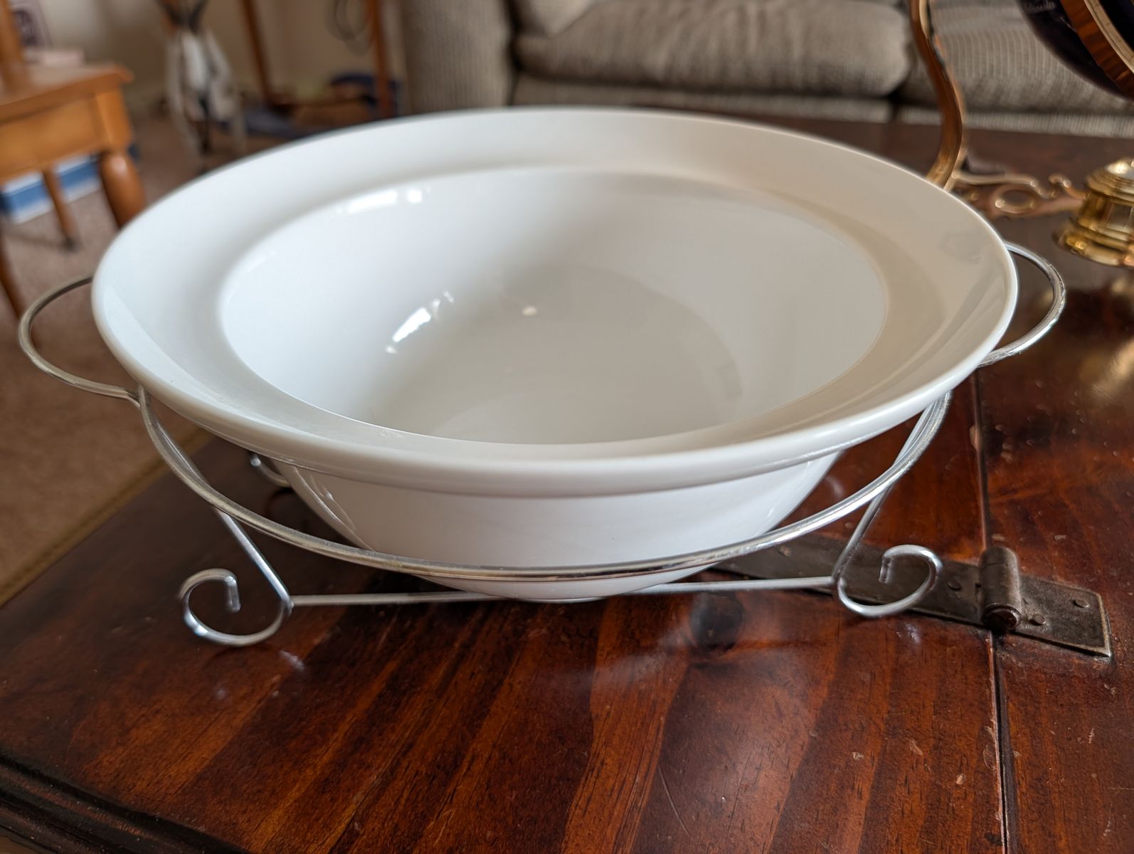 TWO bowls White ceramic in metal stand & Green bowl with handles