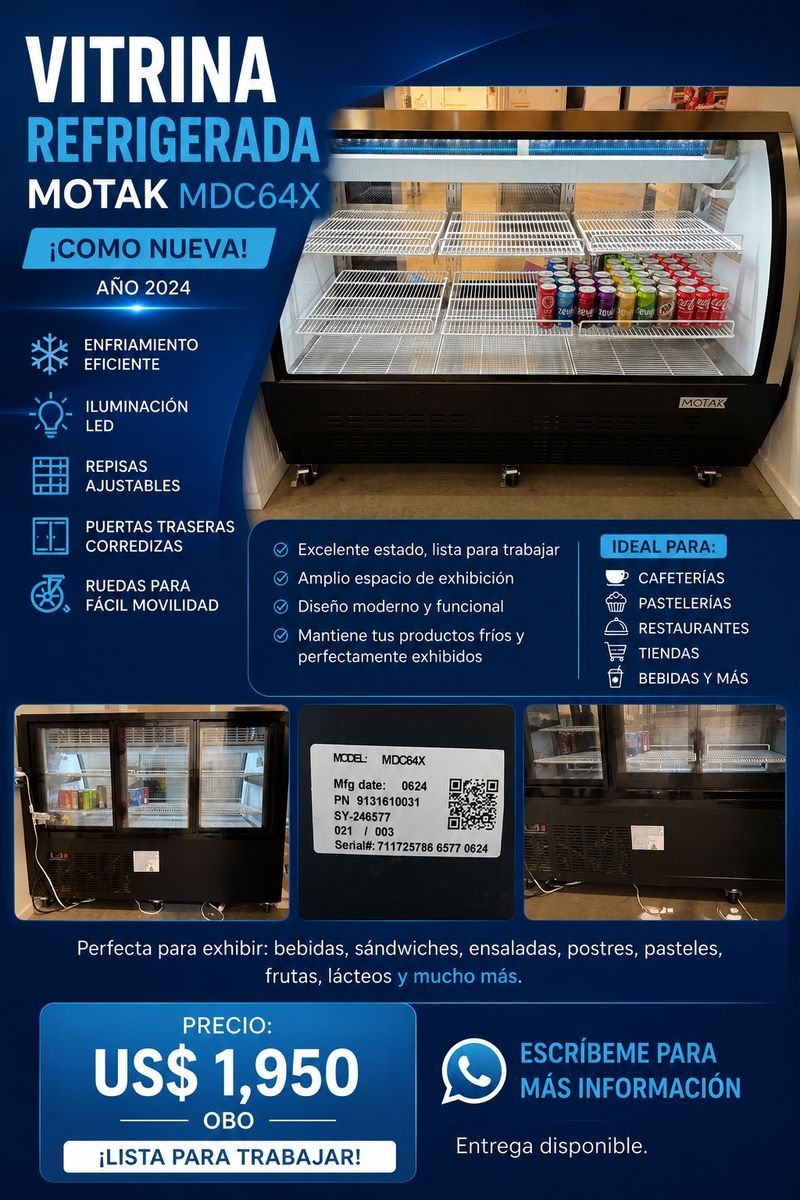 Motak MDC64X Refrigerated Display Case - 2024 Model, LED Lighting, Adjustable Shelves, Sliding Doors