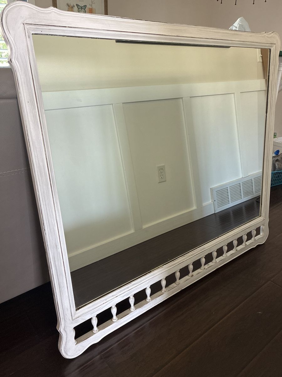 Large Distressed White Wood Framed Mirror - 46.5" W x 40" H - Solid & Heavy