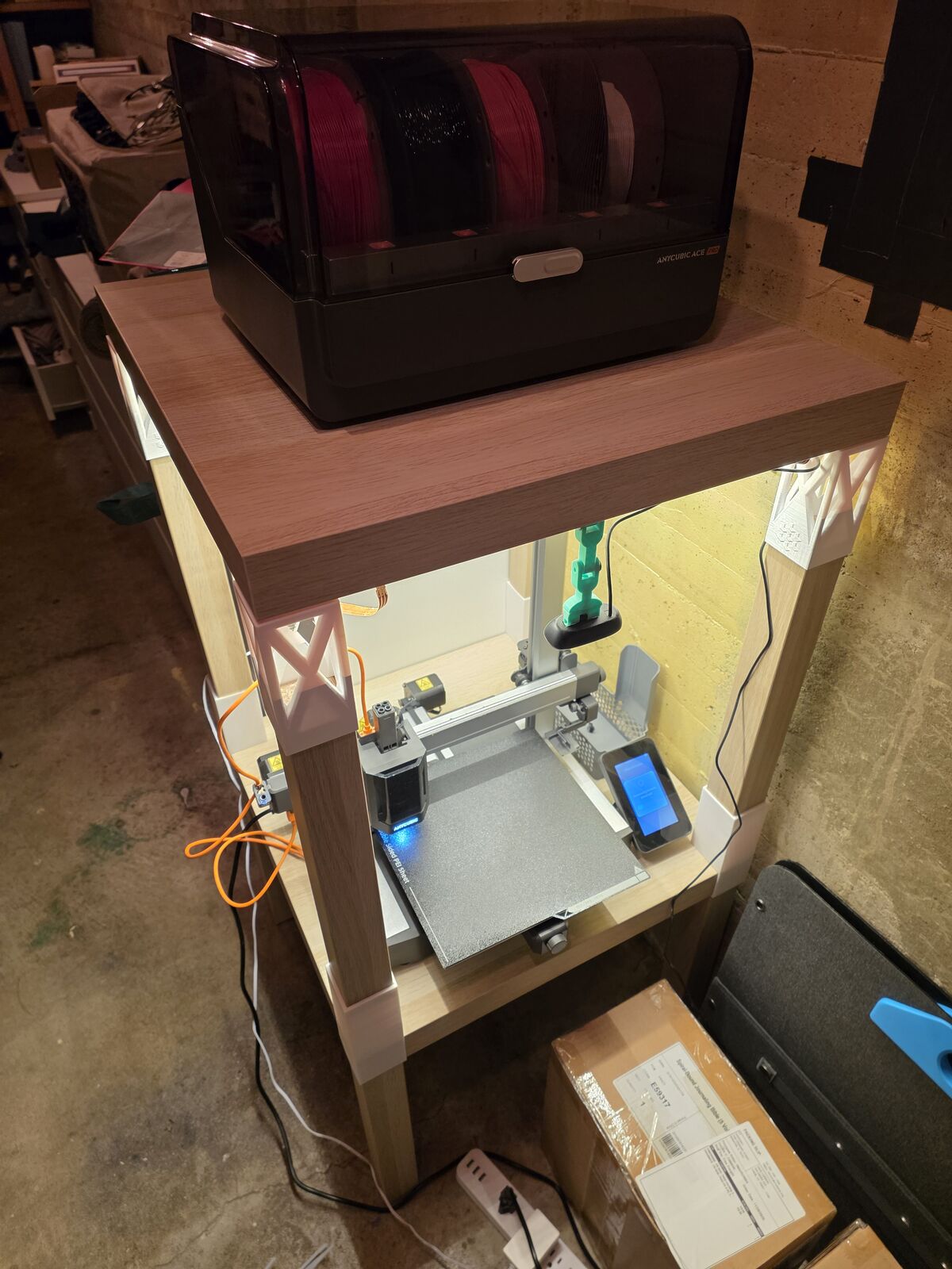 Anycubic Kobra 3 3D Printer and AcePro Multicolor Printing and Drying w/ Filament, IKEA tables with lights and webcam