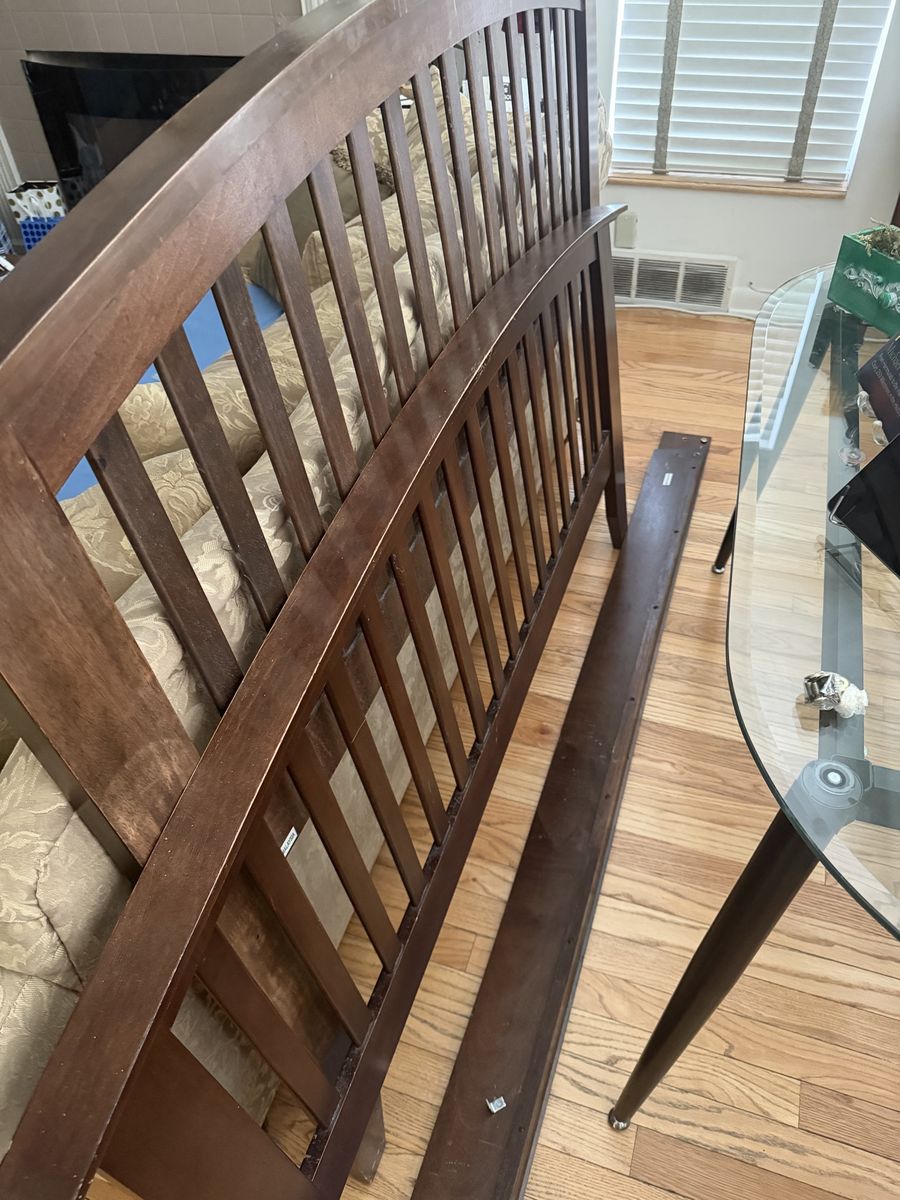 Queen bed frame by the u come get it