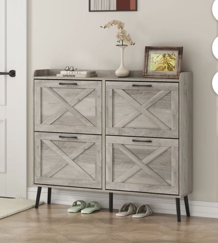 New  Rattan Shoe Cabinet W/4 Flip Drawers 40 Pairs