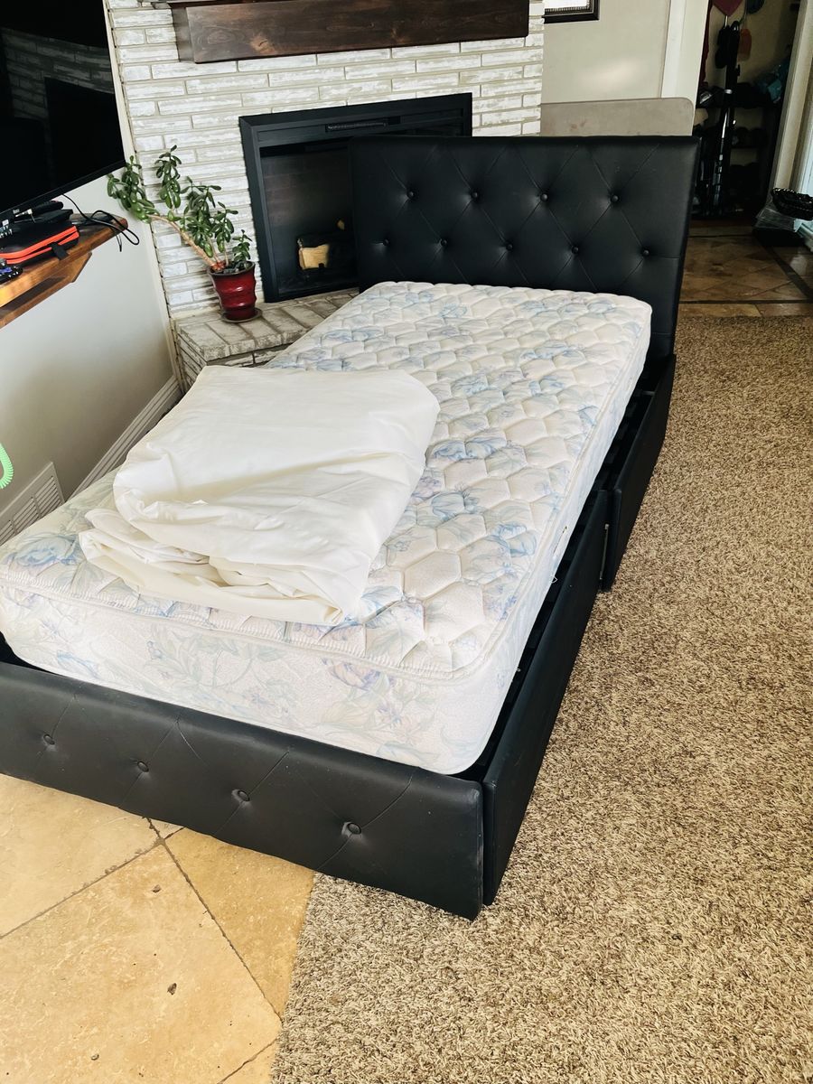 Black Tufted Twin Platform Bed Frame with Storage Drawers and Mattress/cover