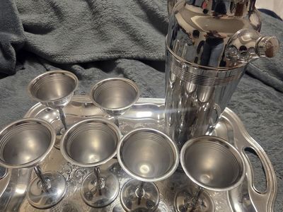 Vintage chrome Barware Set with Cocktail Shaker, 6 Stemmed Glasses, and Serving Tray