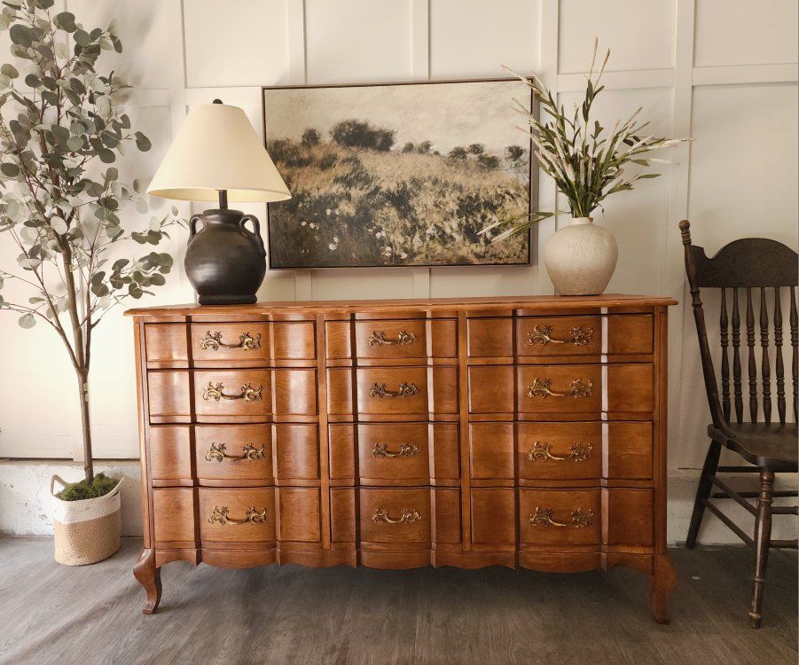 Vintage French Provincial Wood 12-Drawer Long Dresser Credenza
