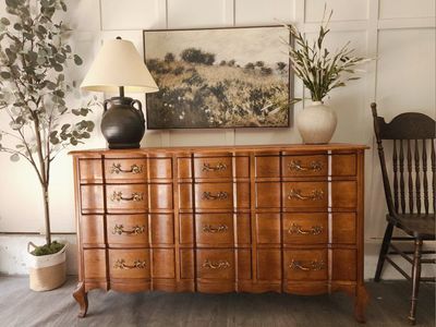 Vintage French Provincial Wood 12-Drawer Long Dresser Credenza