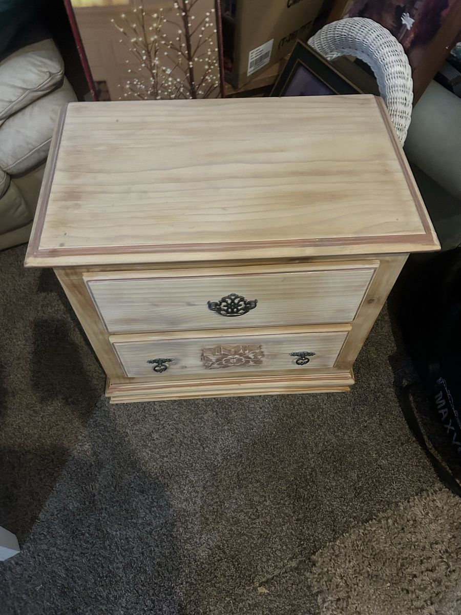 Wooden Nightstand End Table with 2 Drawers - Light Wood Finish, Ornate Pulls