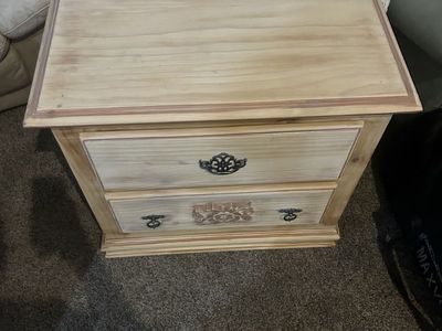 Wooden Nightstand End Table with 2 Drawers - Light Wood Finish, Ornate Pulls