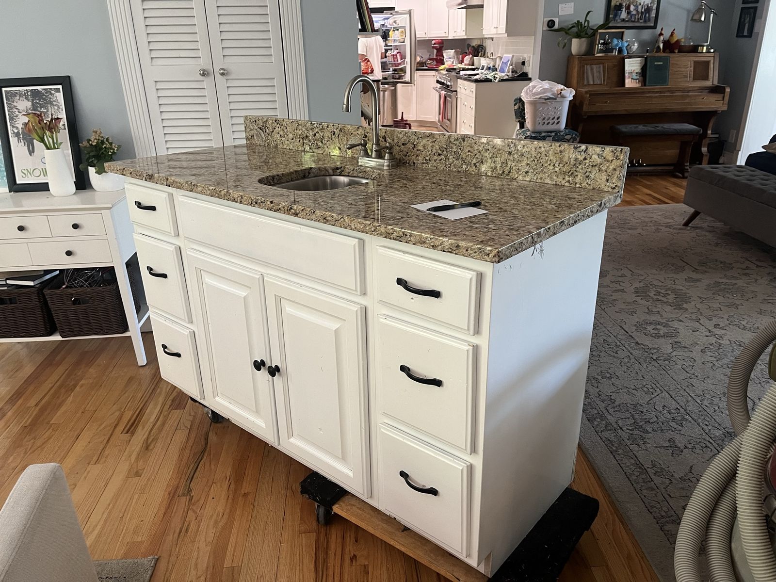 White Bathroom Vanity Cabinet with Granite Countertop, Undermount Sink & Faucet - Good Condition
