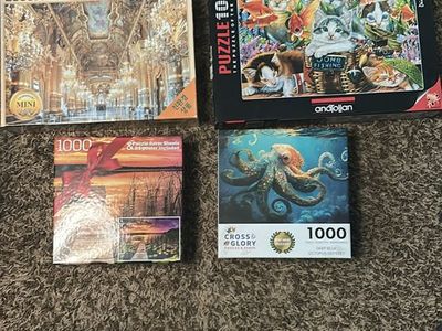 Jigsaw Puzzles Lot: 5 Puzzles - 1000 & 2000 Pieces, Various Themes - Cats, Octopus, Garden, Palace